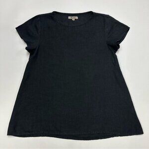 FLAX solid black linen round neck short cap sleeve top Medium minimalist